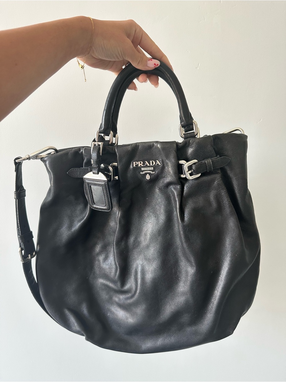 Vintage Prada Black Leather Shoulder Tote with Silver Hardware